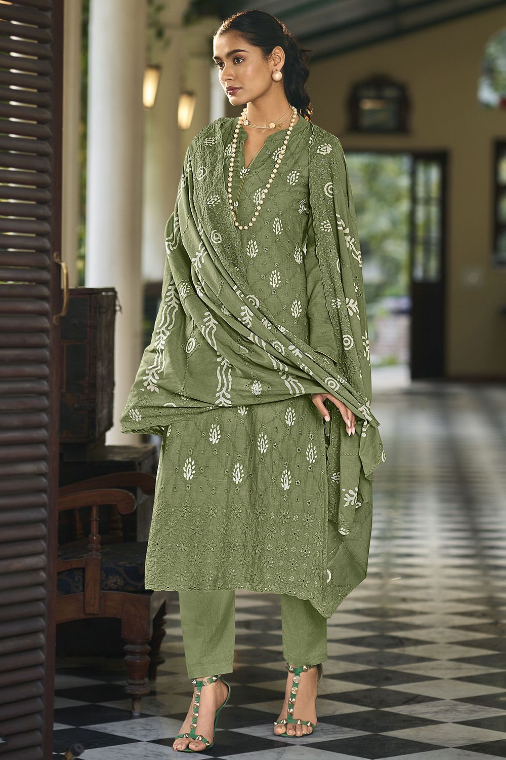 Olive Green Cotton Pakistani Embroidered Salwar Kameez