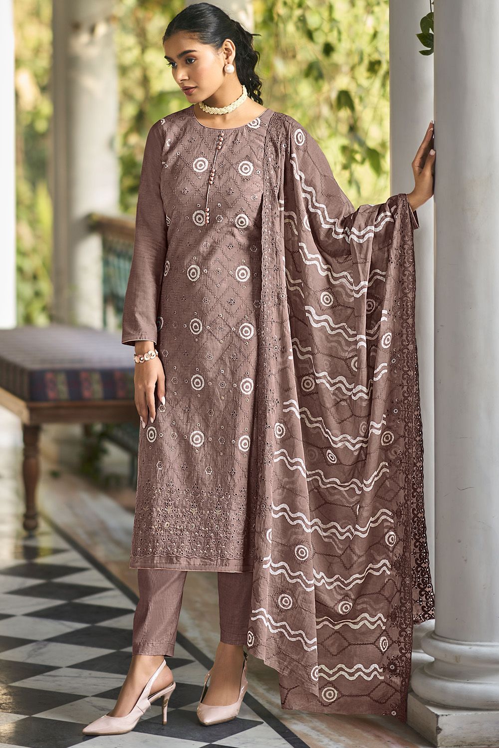 Plum Brown Cotton Pakistani Embroidered Salwar Kameez