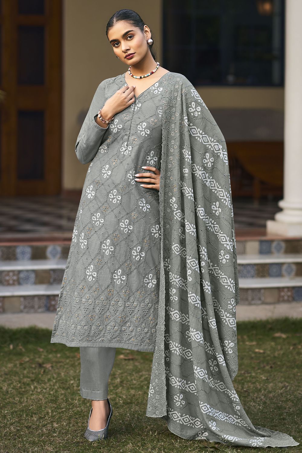 Grey Cotton Pakistani Embroidered Salwar Kameez