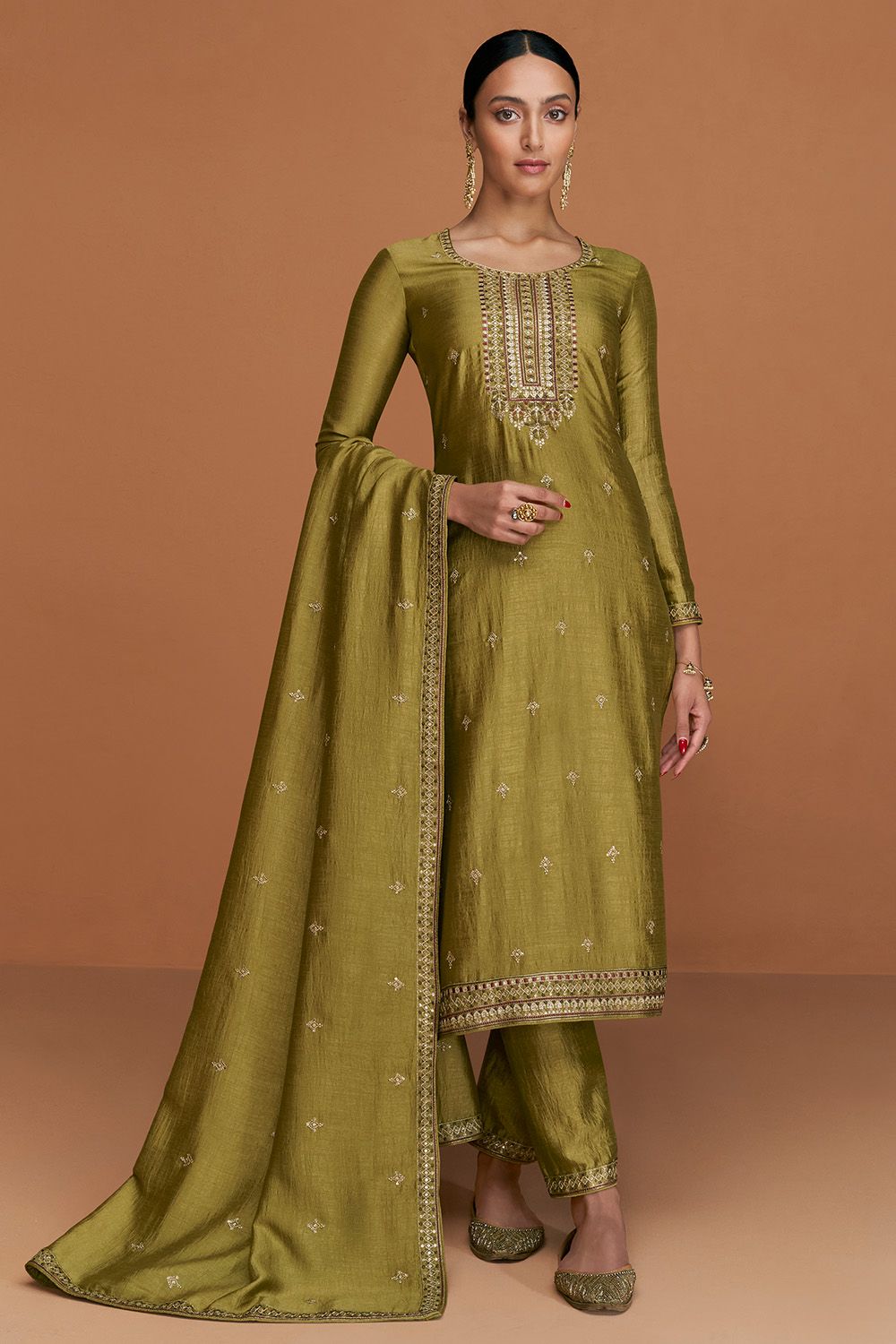 Olive Green Silk Trouser Suit