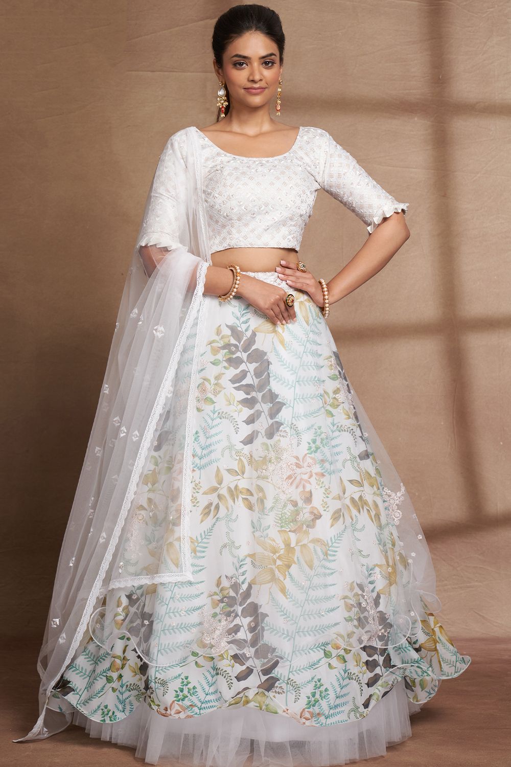 White Printed Frilled Lehenga Choli