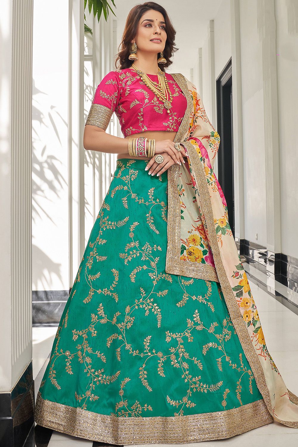 Green Zari and Sequin Embroidered Art Silk Lehenga Set