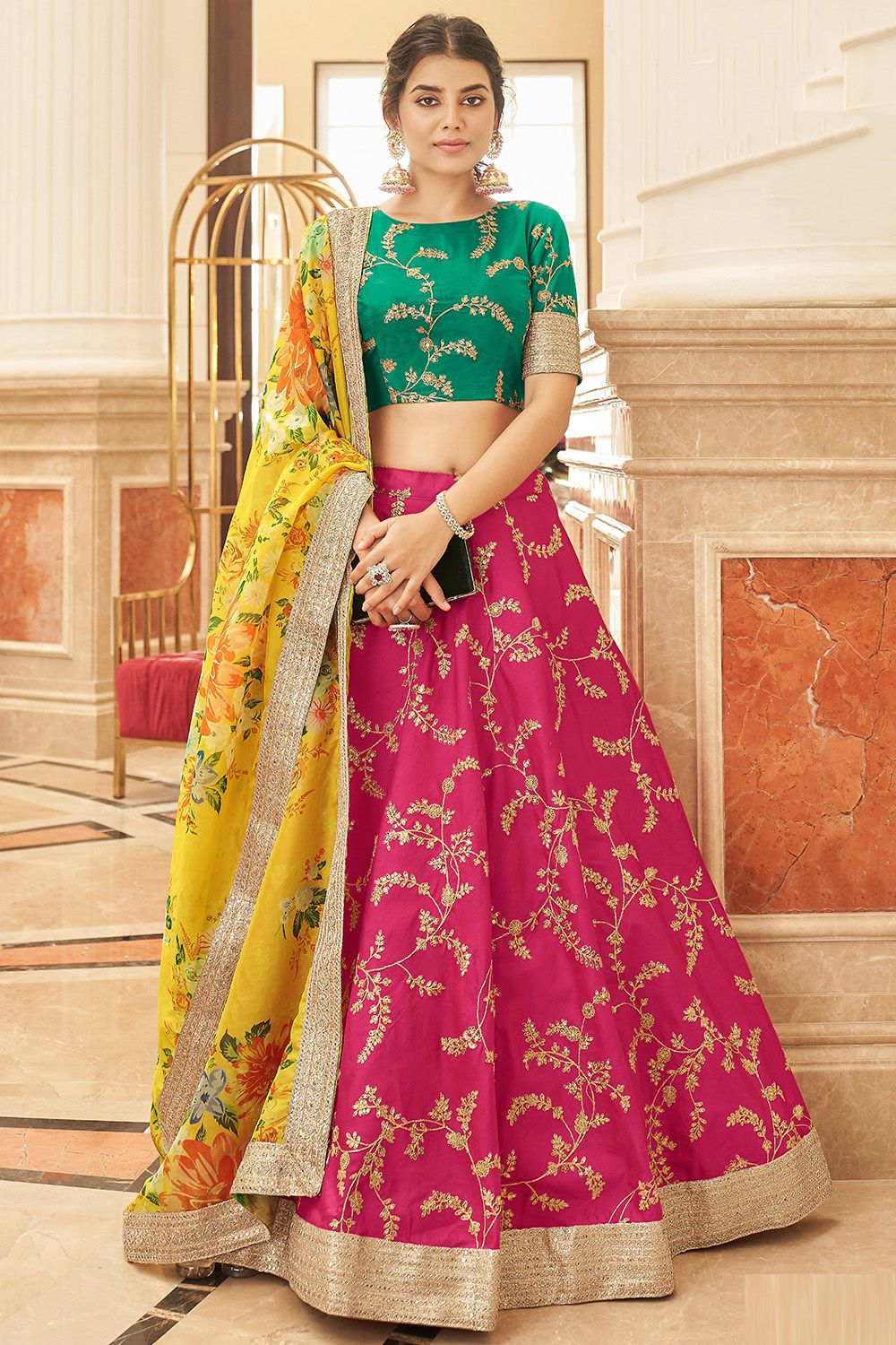 Pink Zari and Sequin Embroidered Art Silk Lehenga Set
