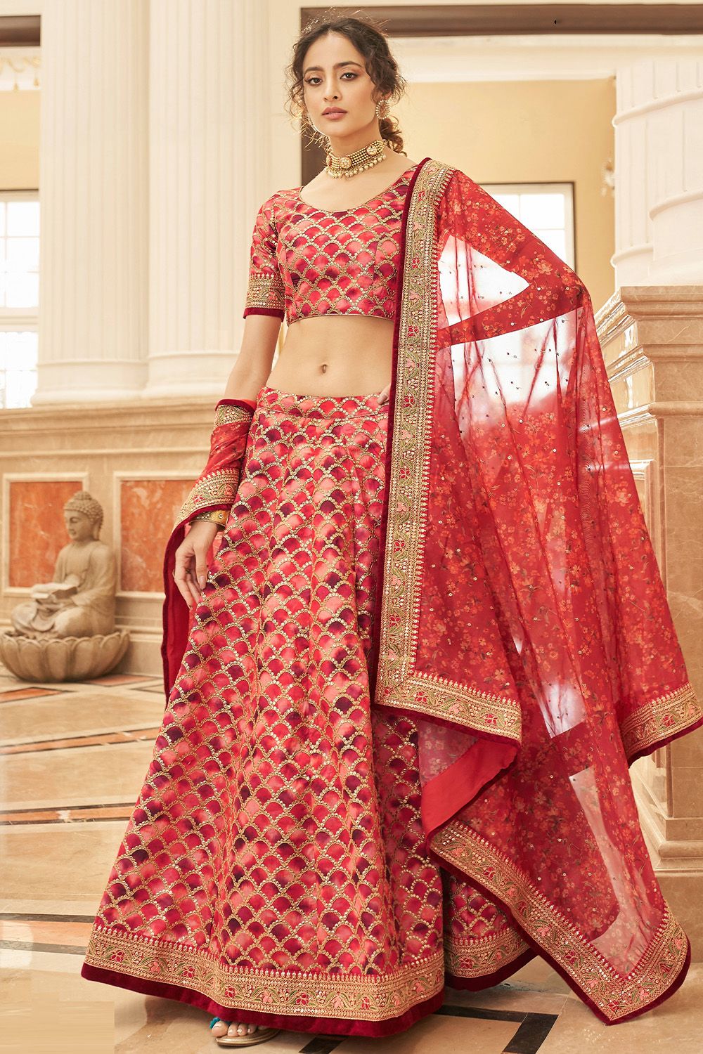 Red Art Silk Embroidered A line Lehenga Choli