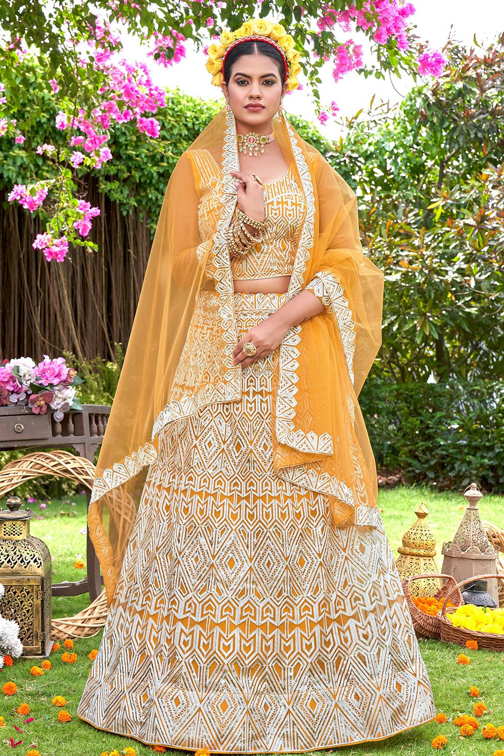 Orange Net Embroidered Lehanga Choli