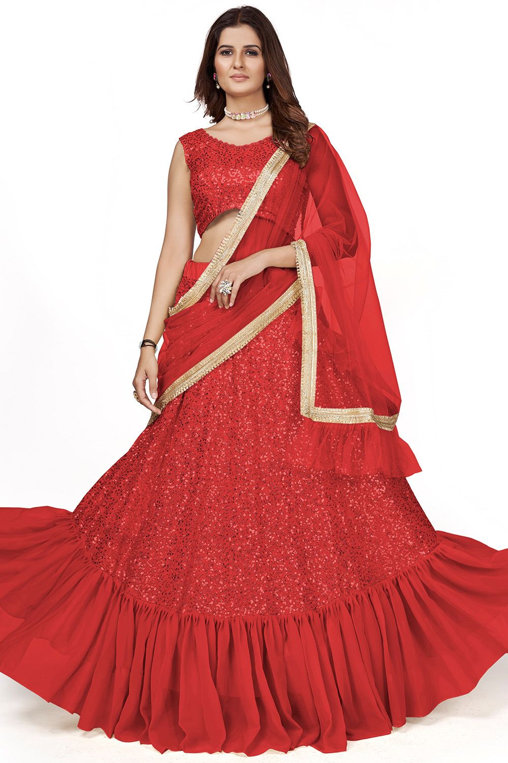 Bright Red Party Wear Lehenga Choli With Sequins Work