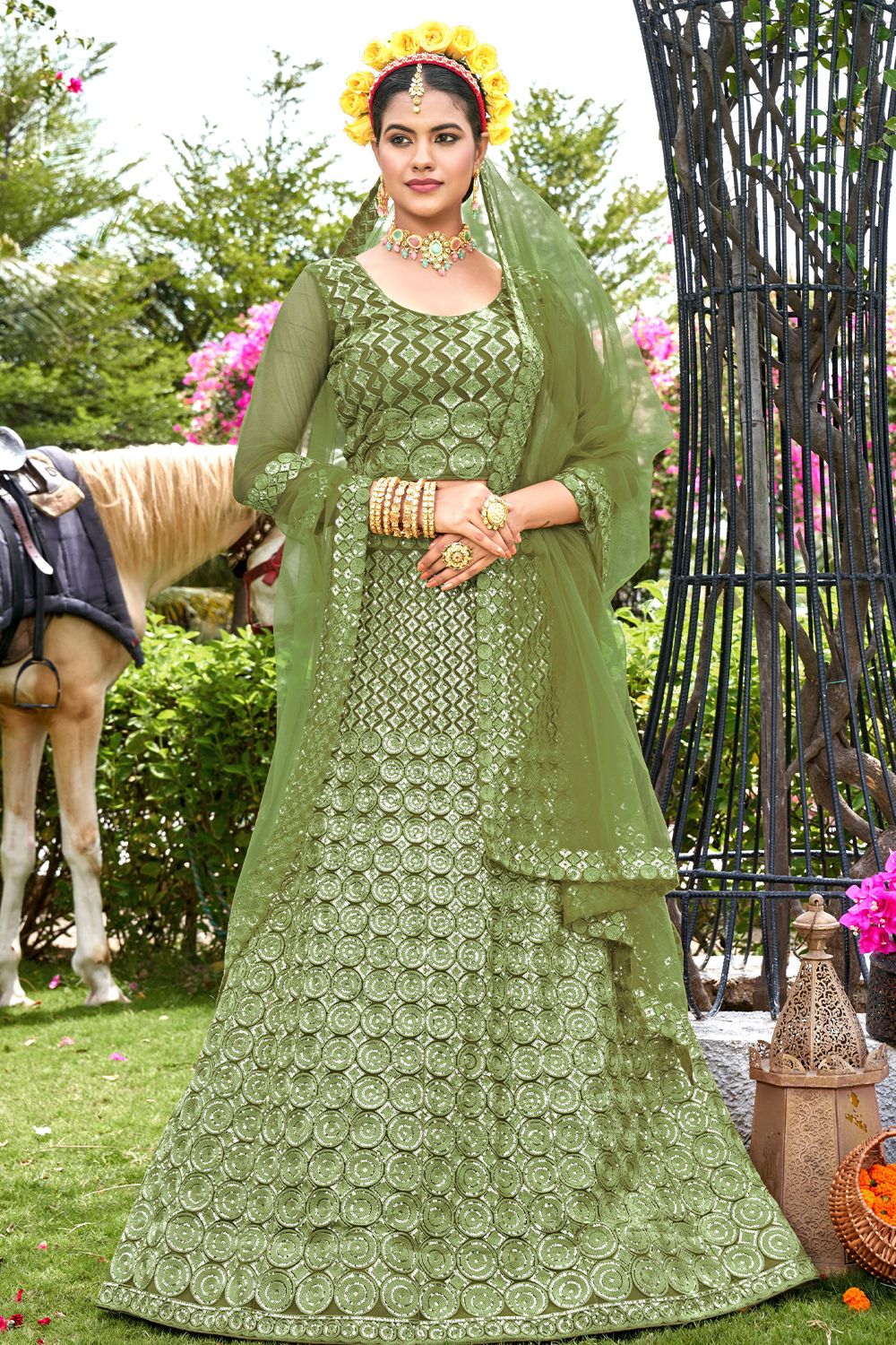 Green Net Sequins Work Lehanga Choli with Heavy Embroidery