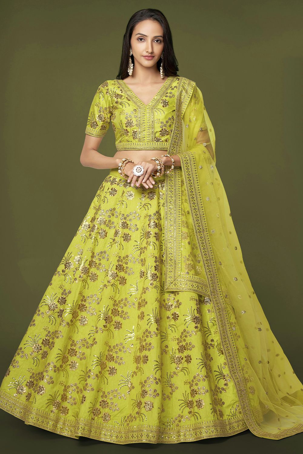 Yellow Silk Sequins Work Lehanga Choli