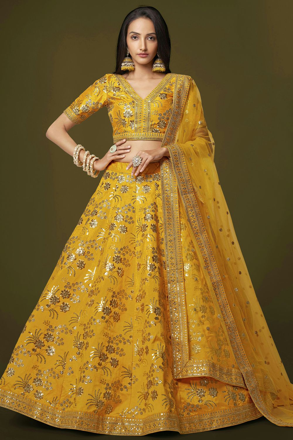 Yellow Ochre Silk Sequins Work Lehanga Choli