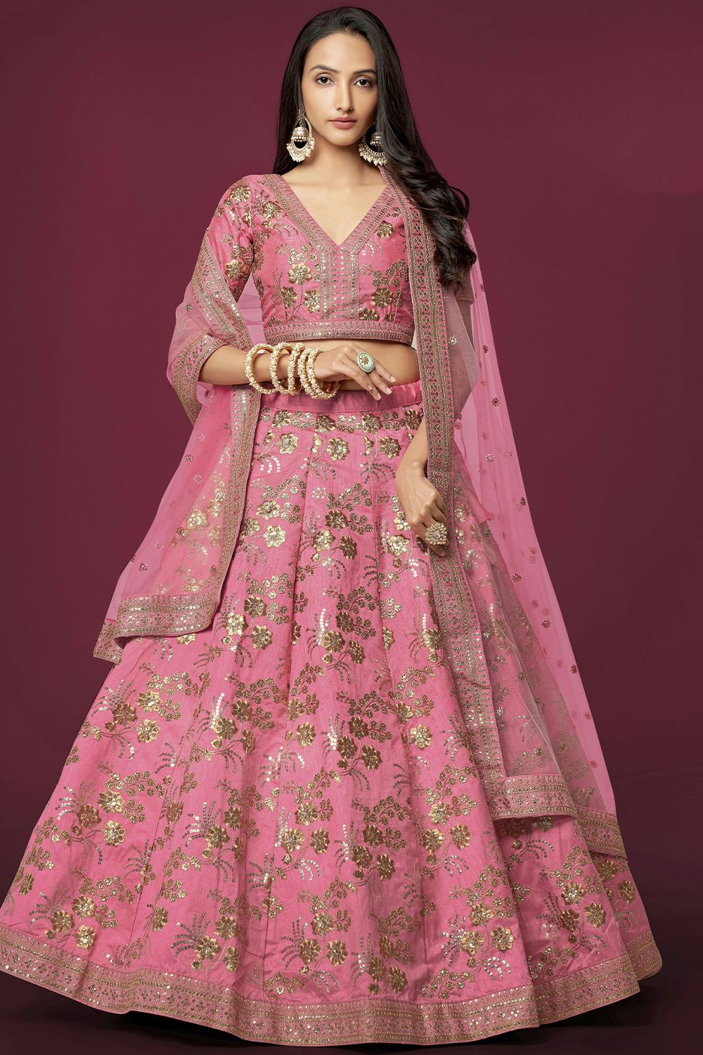 Pink Silk Sequins Work Lehanga Choli
