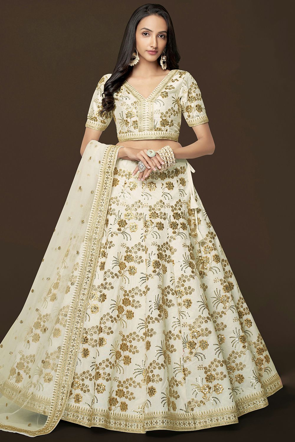 Cream Silk Sequins Work Lehanga Choli