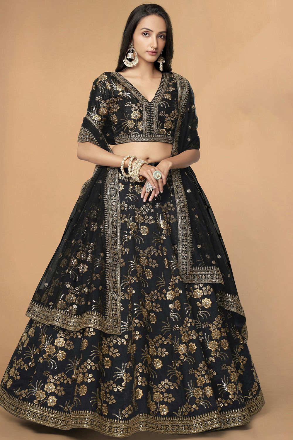 Black Silk Sequins Work Lehanga Choli