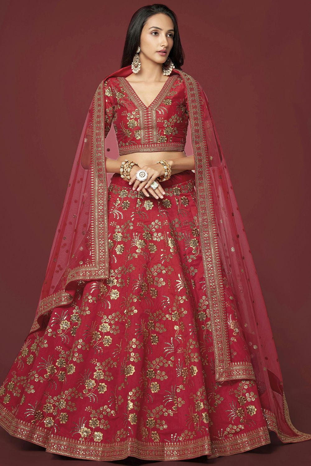 Maroon Silk Sequins Work Lehanga Choli