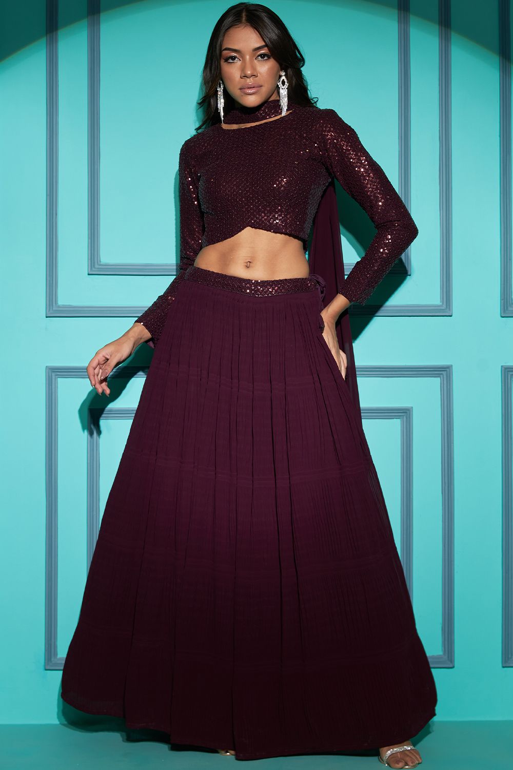 Wine Sequins Embellished Georgette Lehenga Choli