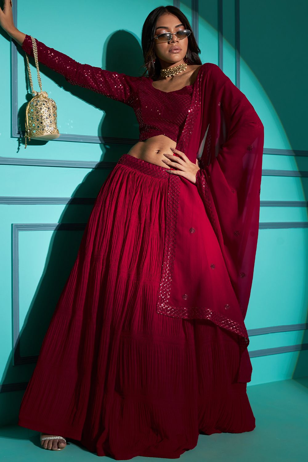 Red Embellished Georgette Lehenga Choli