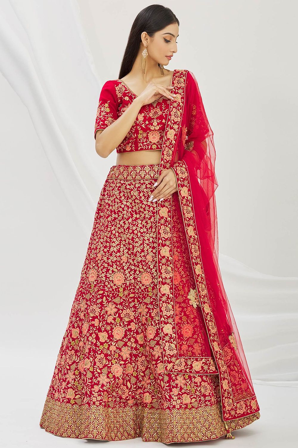 Red Dori Embroidered Velvet Lehenga Set