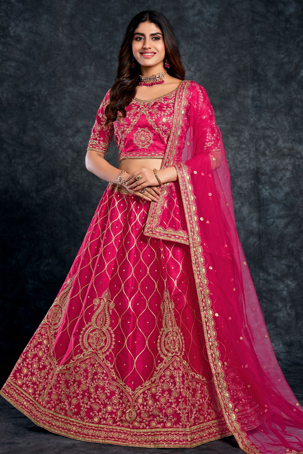 Cerise Pink Embroidered Silk Lehenga