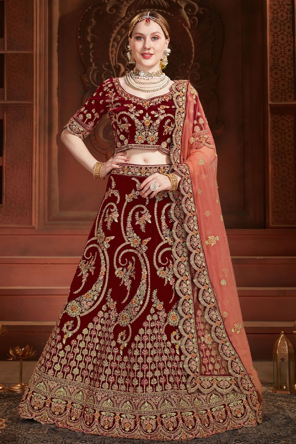 Maroon Embroidered Velvet  Lehenga Choli