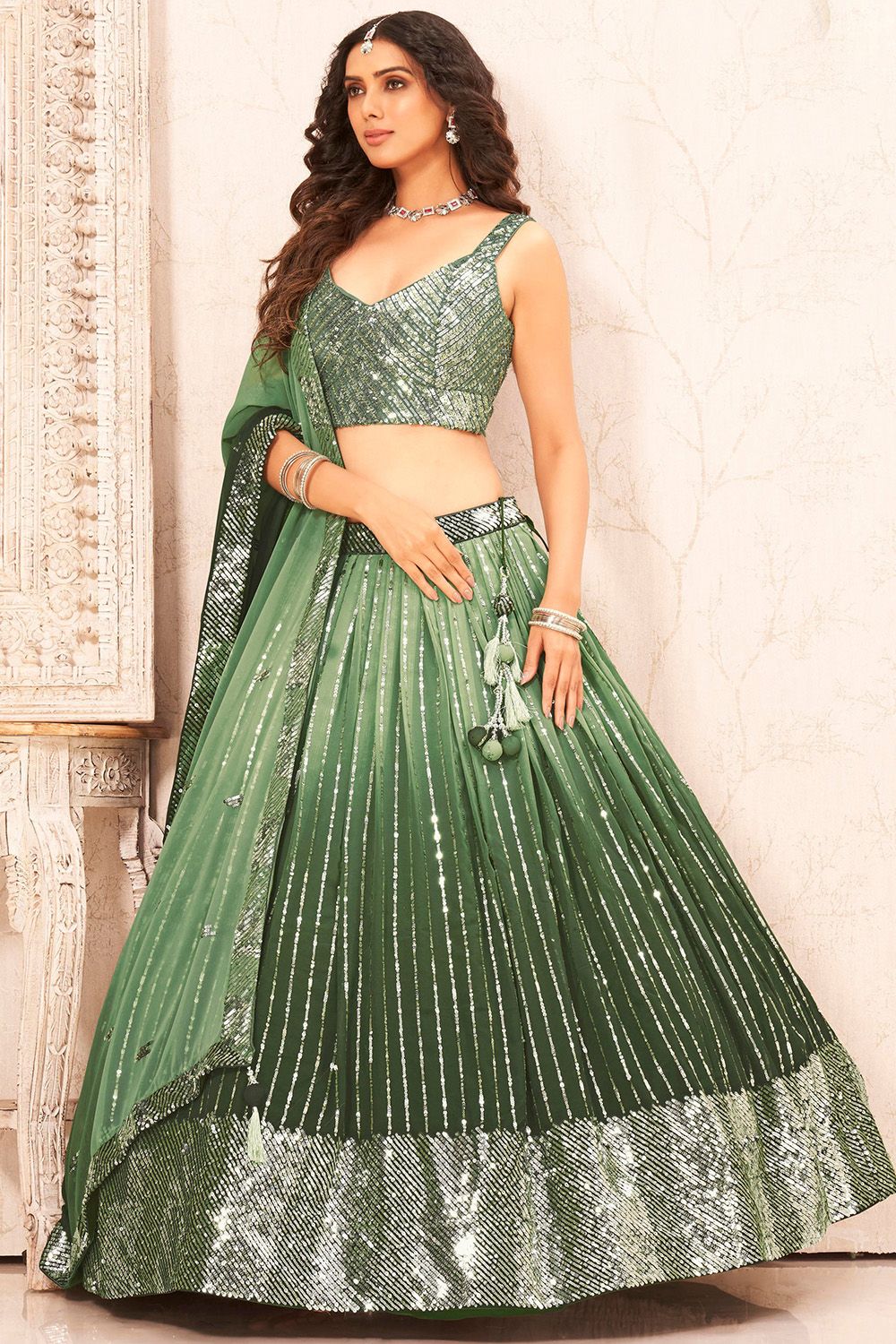 Dusty Green Georgette Sequins Embroidered Lehenga