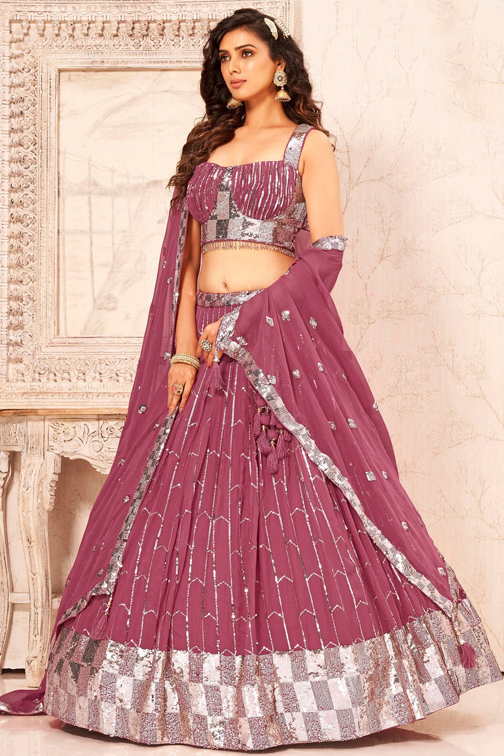 Dusty Pink Sequins  Embroidered  Georgette Lehenga