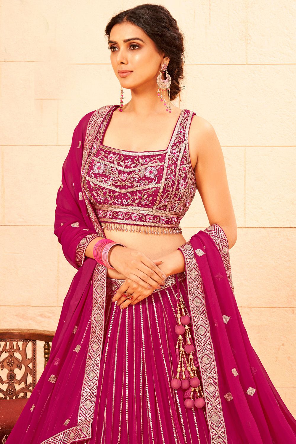 Rani Pink Sequins  Embroidered  Georgette Lehenga