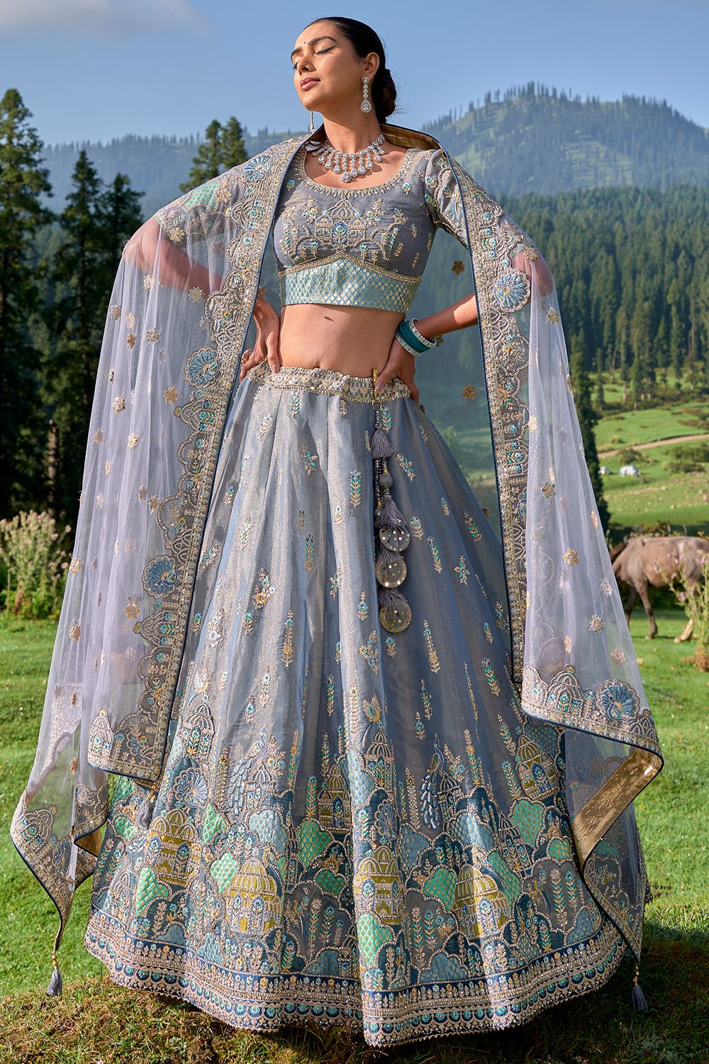 Muted Grey Stone Embroidered Silk Panelled Lehenga