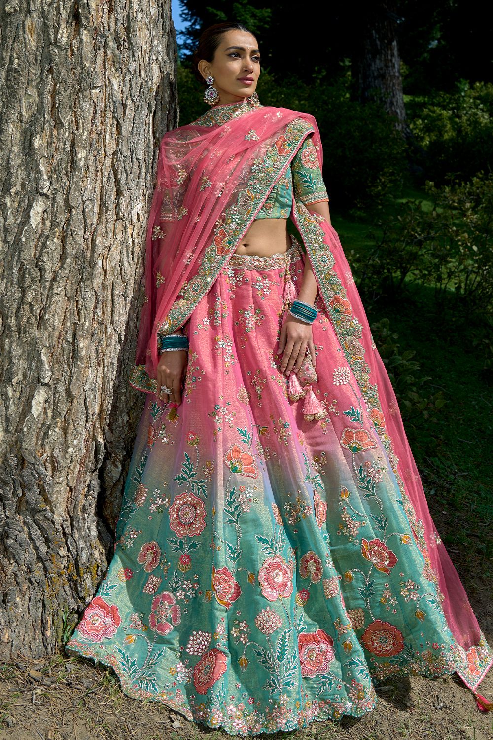 Pink and Sea Green Embroidered Silk Panelled Lehenga