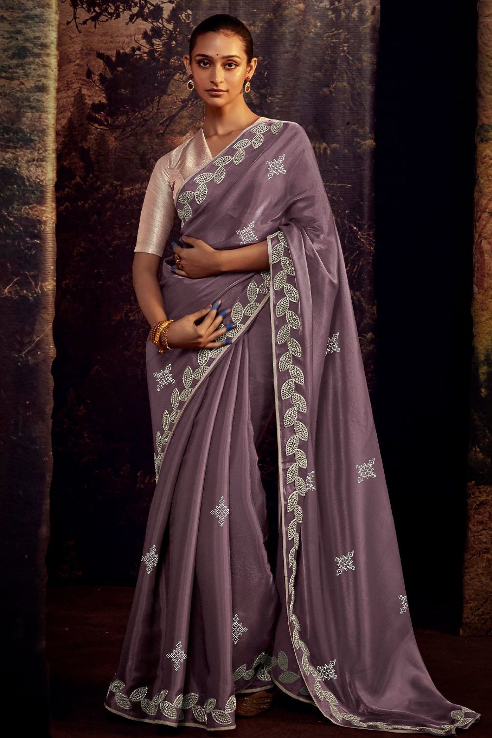 Heather Purple Embroidered Fancy Fabric Silk Saree