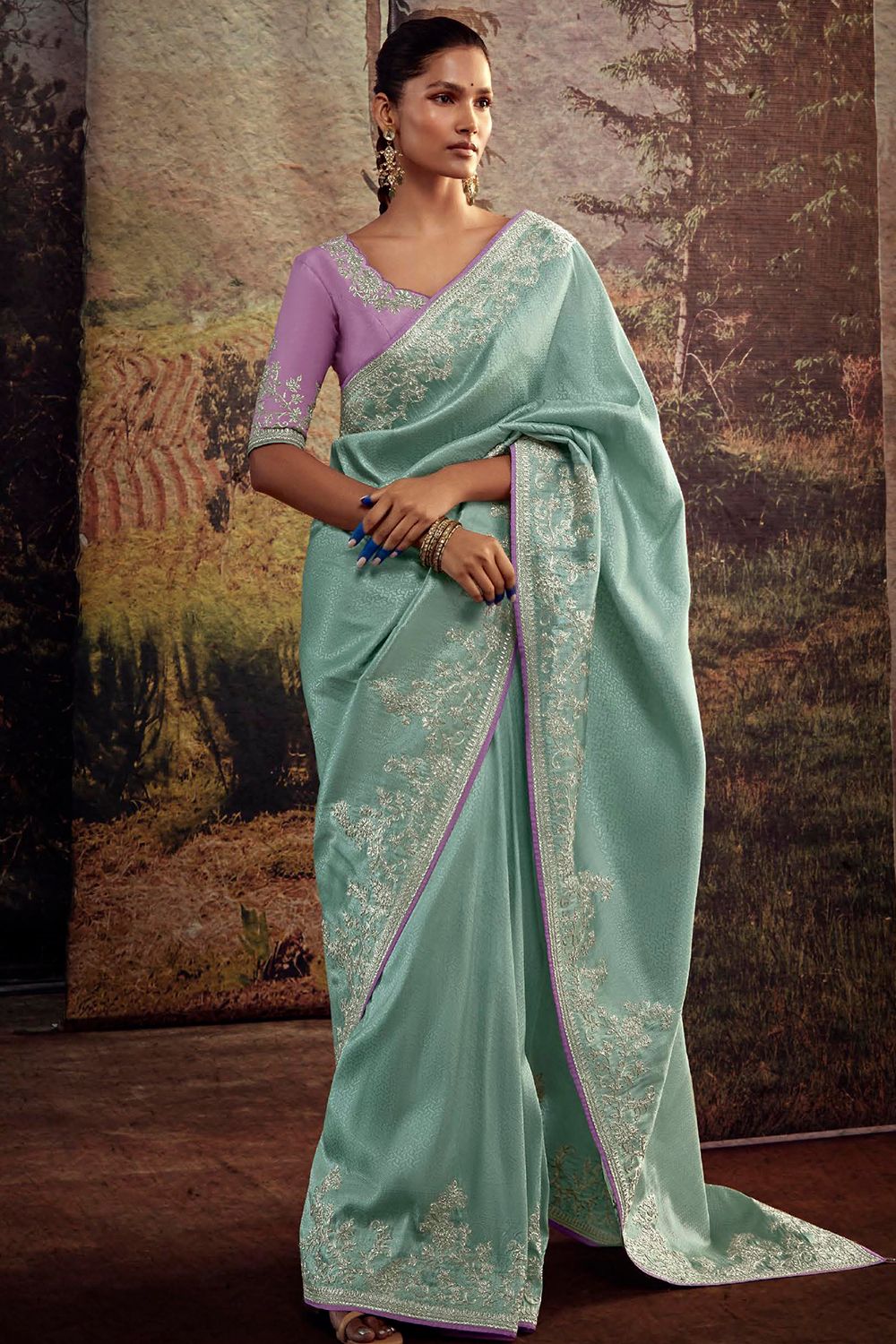 Mint Green Embroidered Fancy Fabric Silk Saree