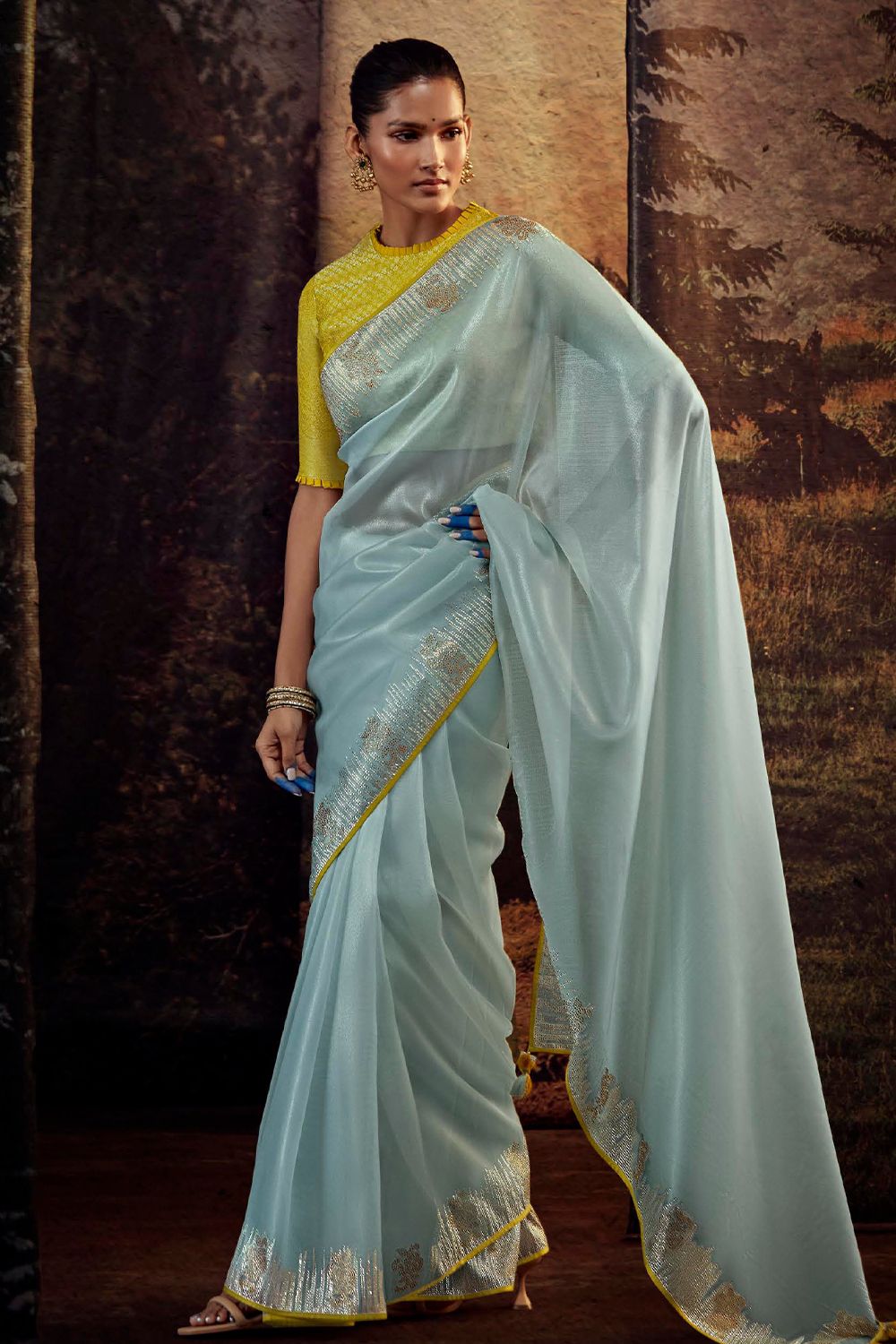 Light Blue Embroidered Fancy Fabric Silk Saree