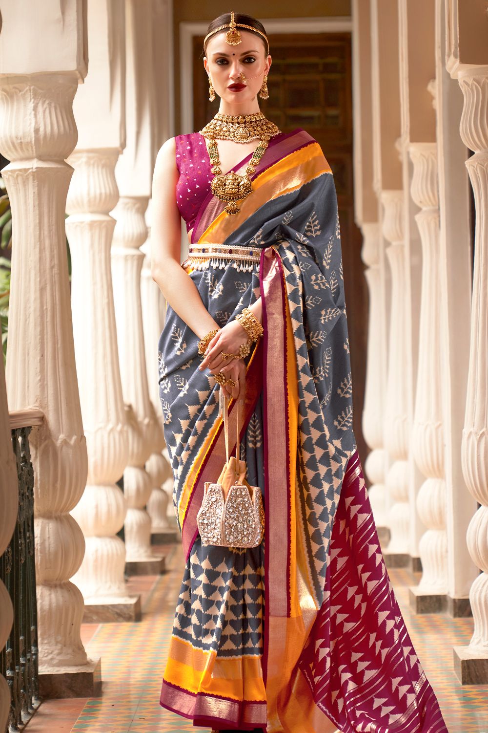 Charcoal Grey Ethnic Motif Printed Fancy Silk Saree