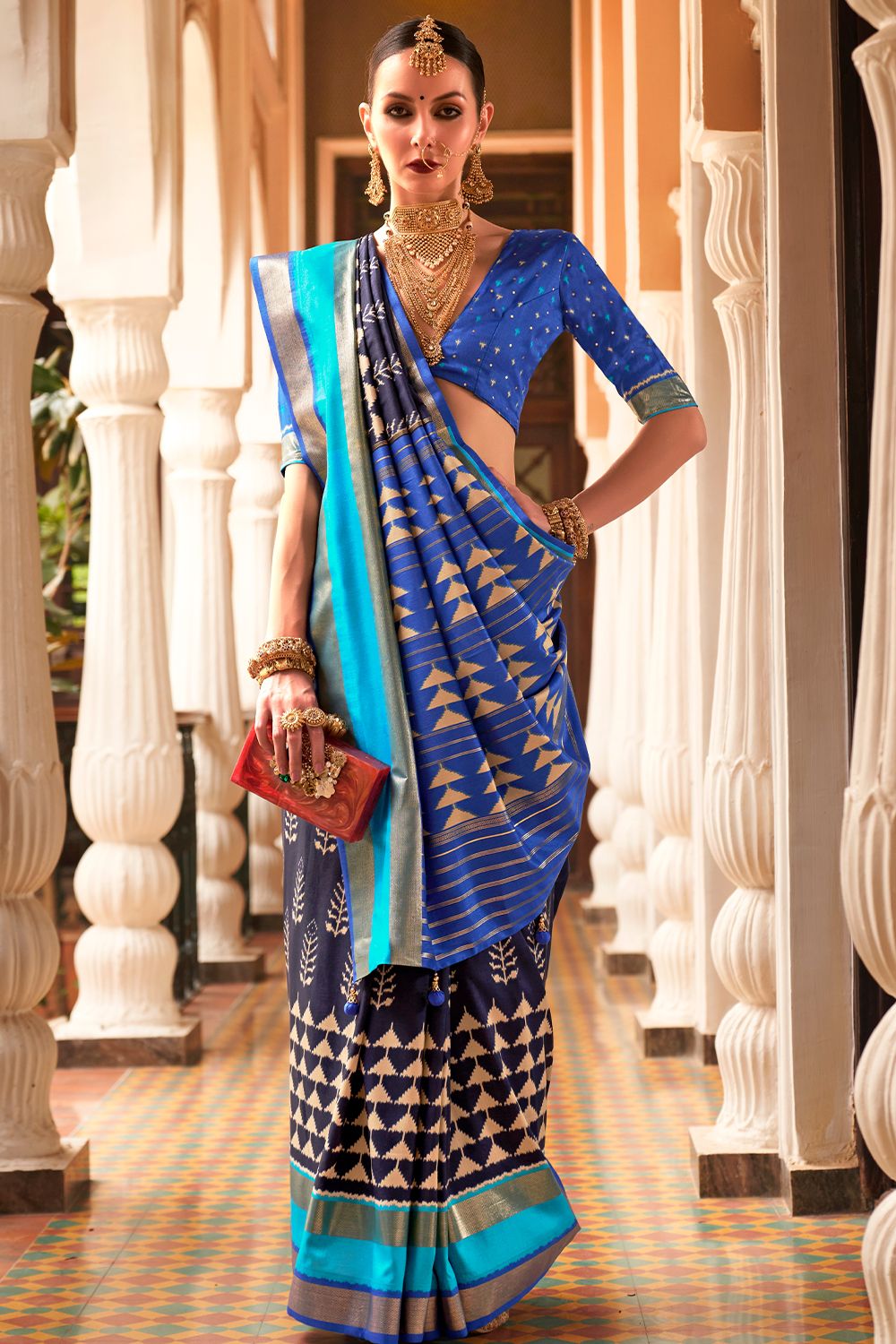 Blue Ethnic Motif Printed Fancy Silk Saree