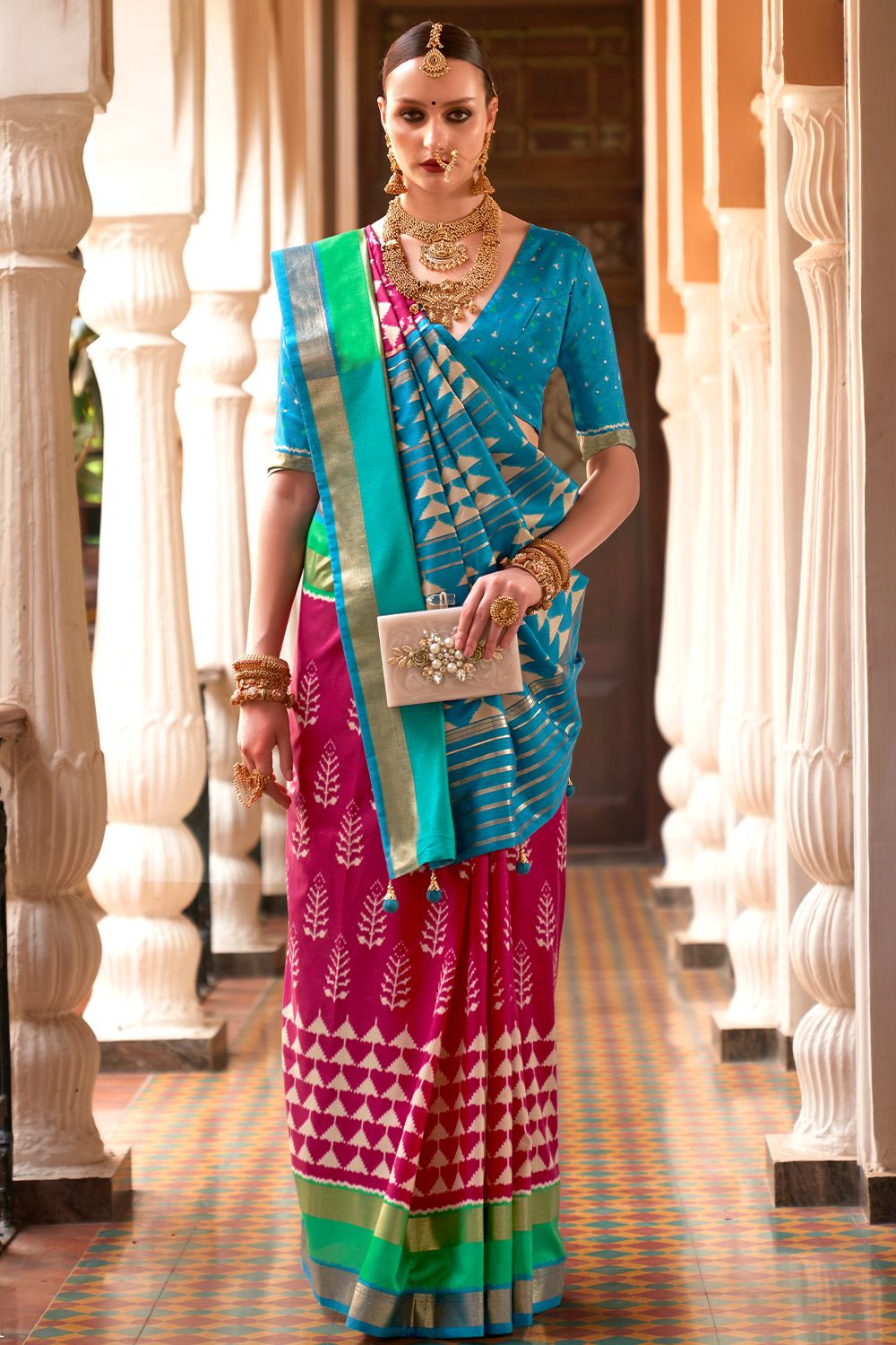 Ruby Pink Ethnic Motif Printed Fancy Silk Saree