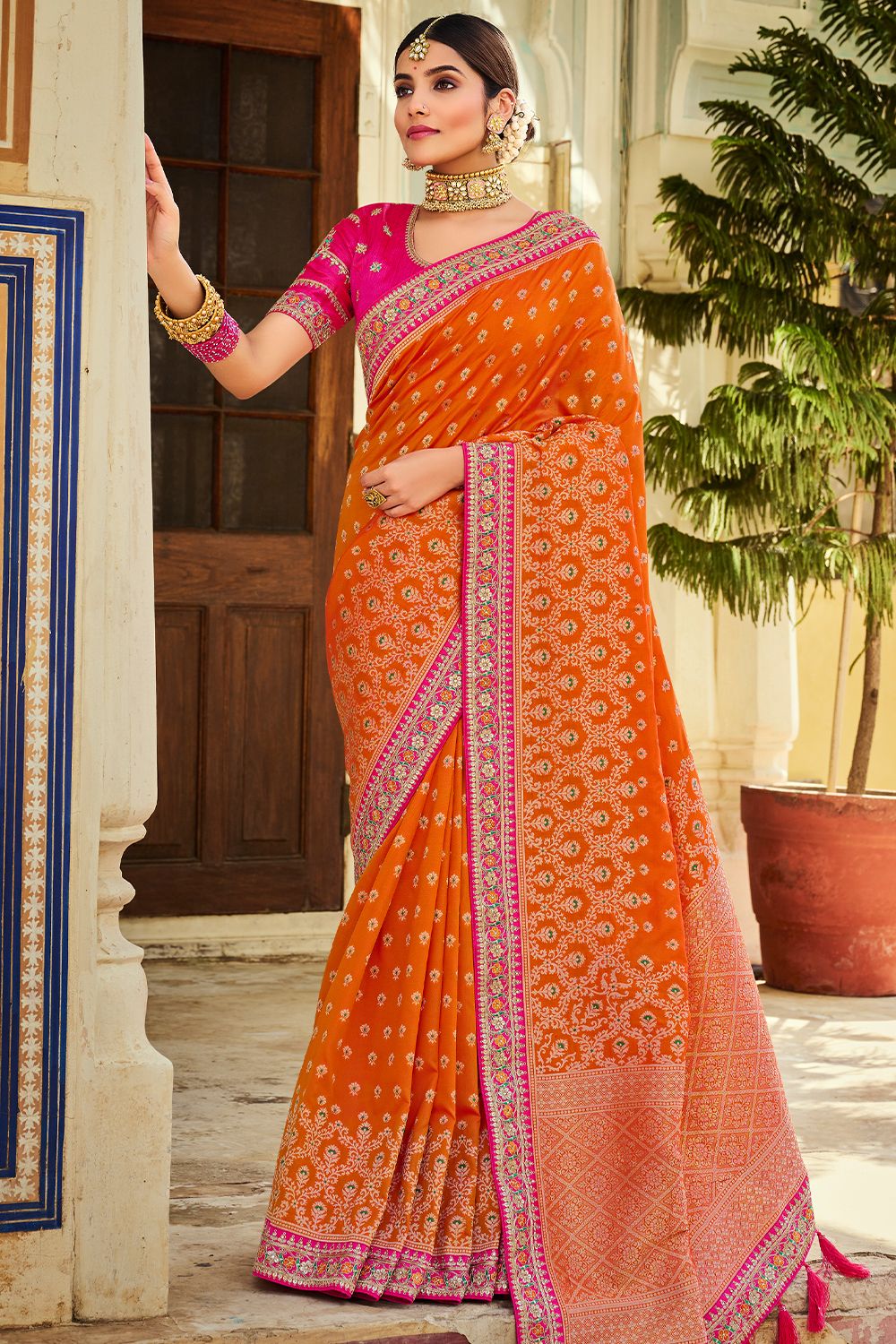 Orange Silk Printed Saree with Tassels