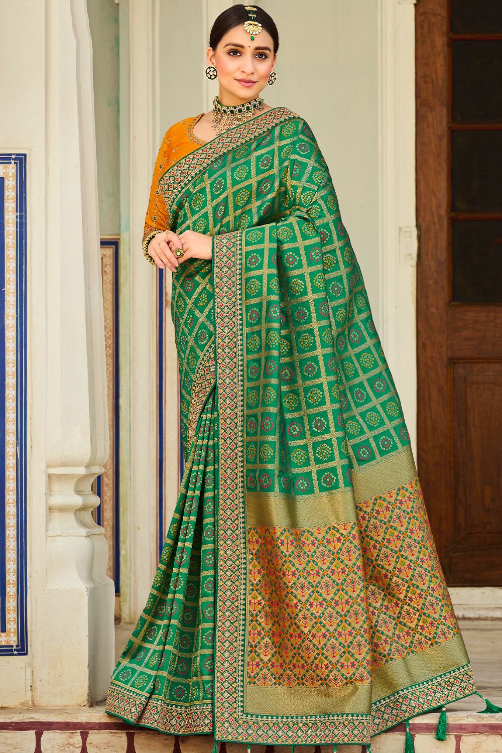 Green Silk Printed Saree with Tassels