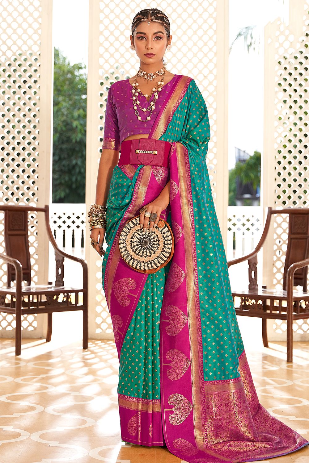 Persian Green Soft Banarasi Saree With Copper Weaving