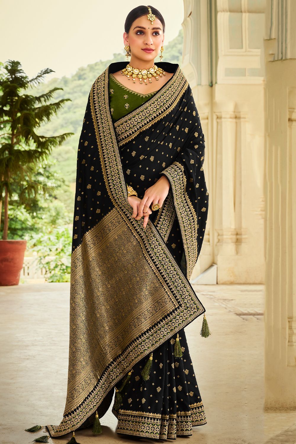 Black Silk Printed Saree with Tassels