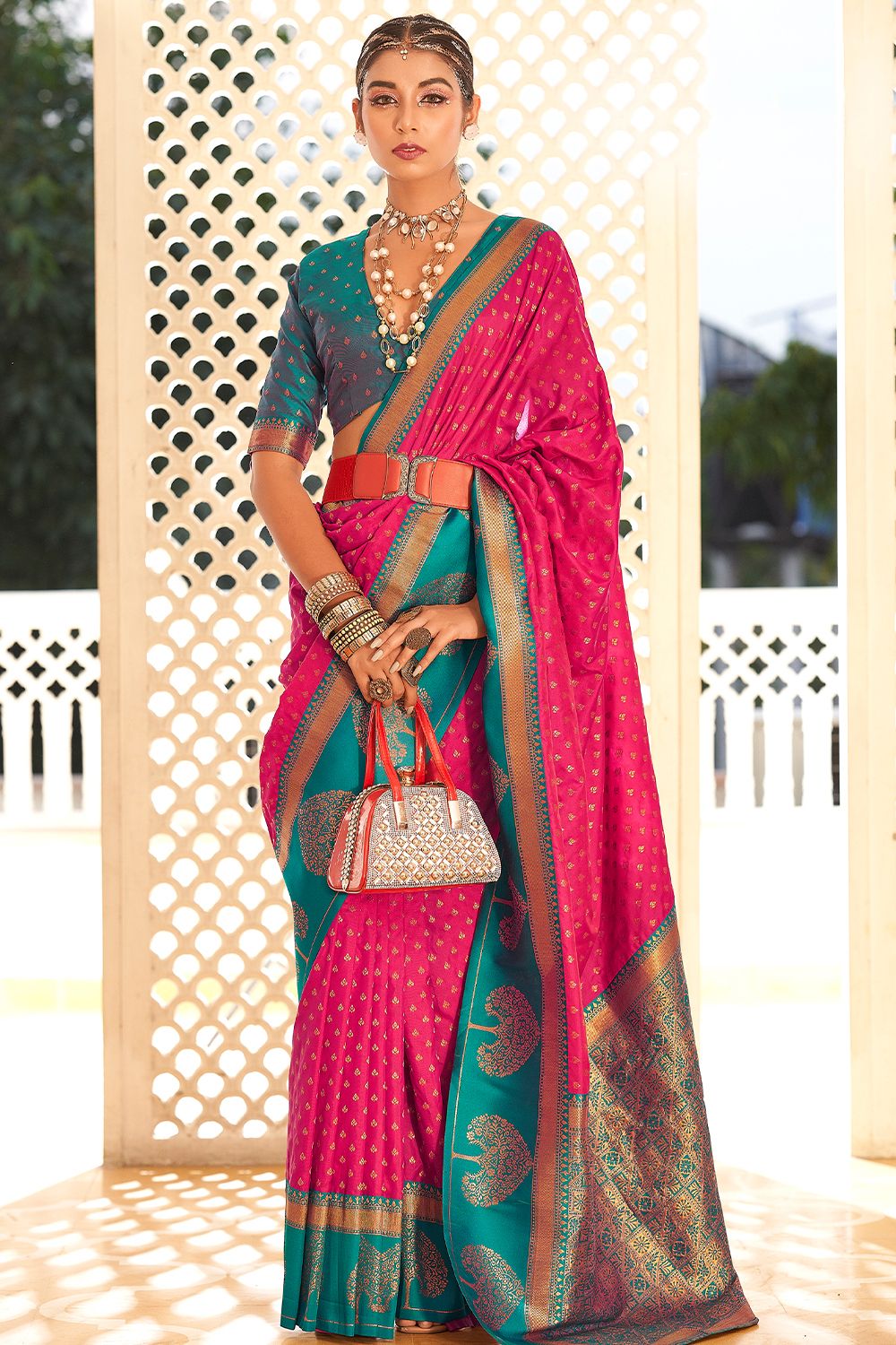Ruby Pink Soft Banarasi Saree With Copper Weaving
