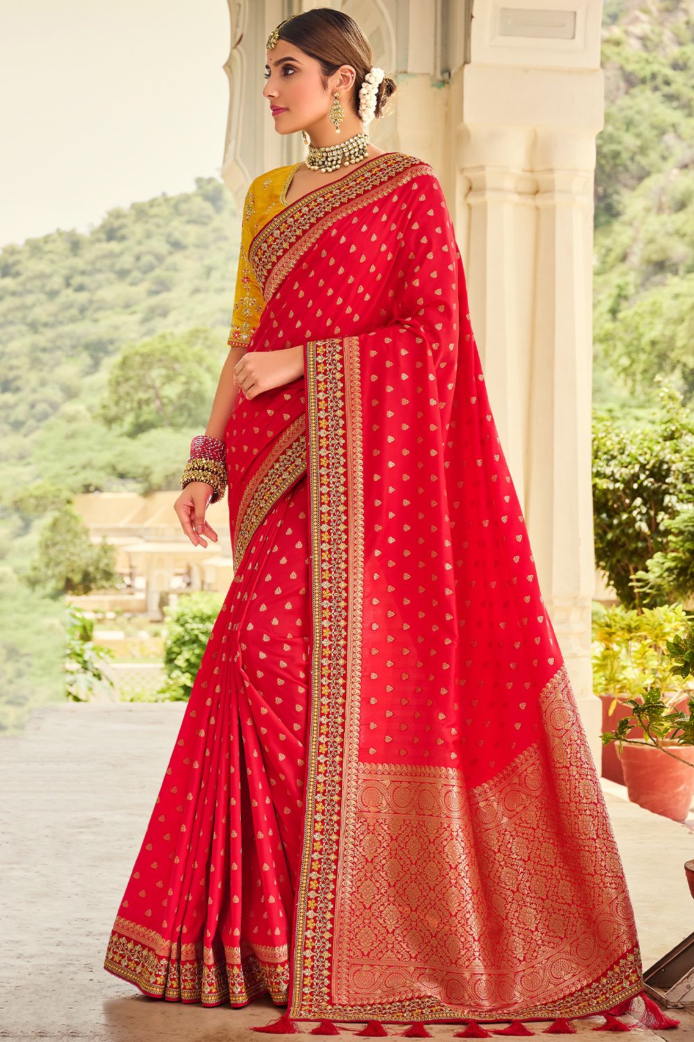 Red Silk Small Motifs Printed Saree with Tassels