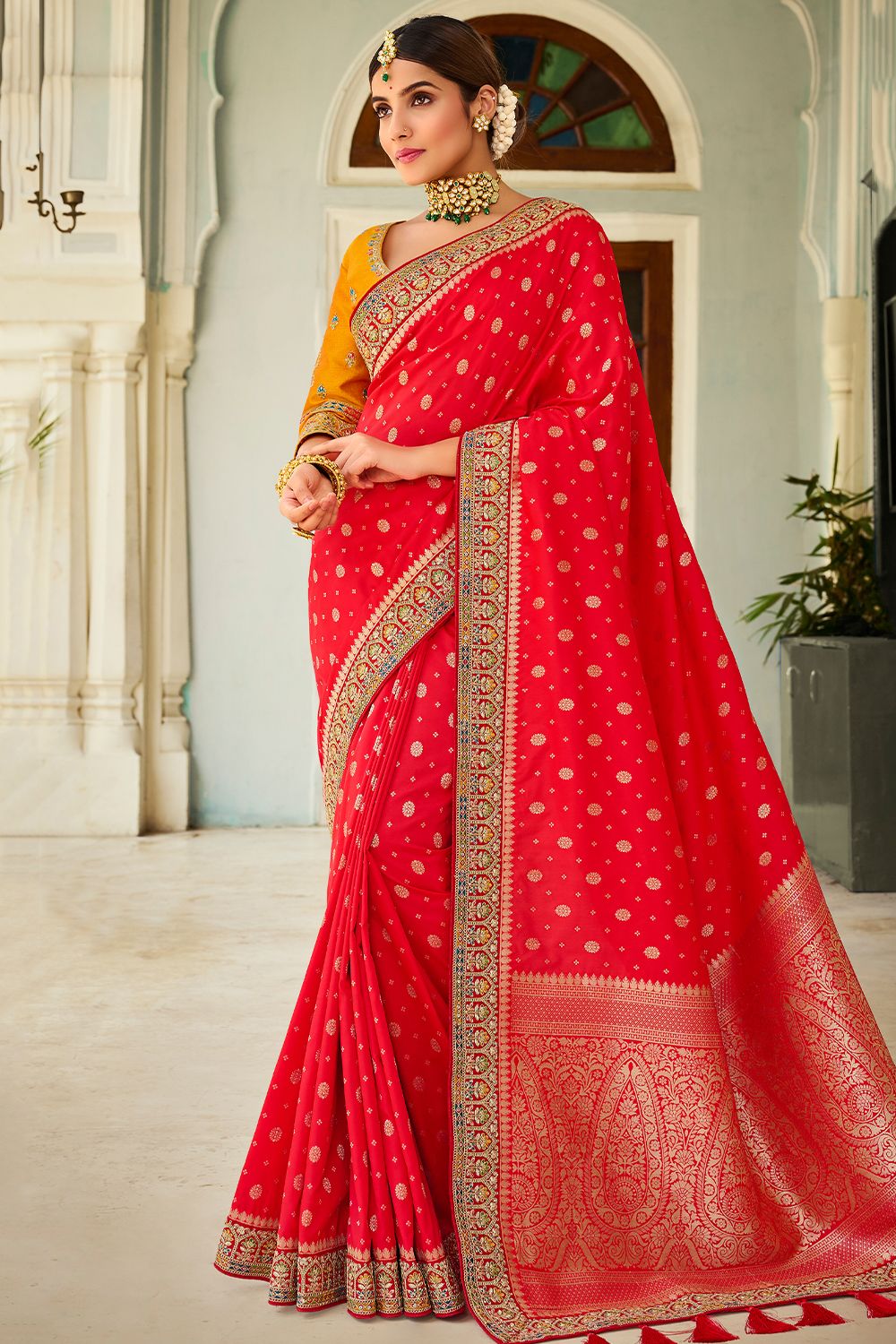 Red Silk Printed Saree with Tassels
