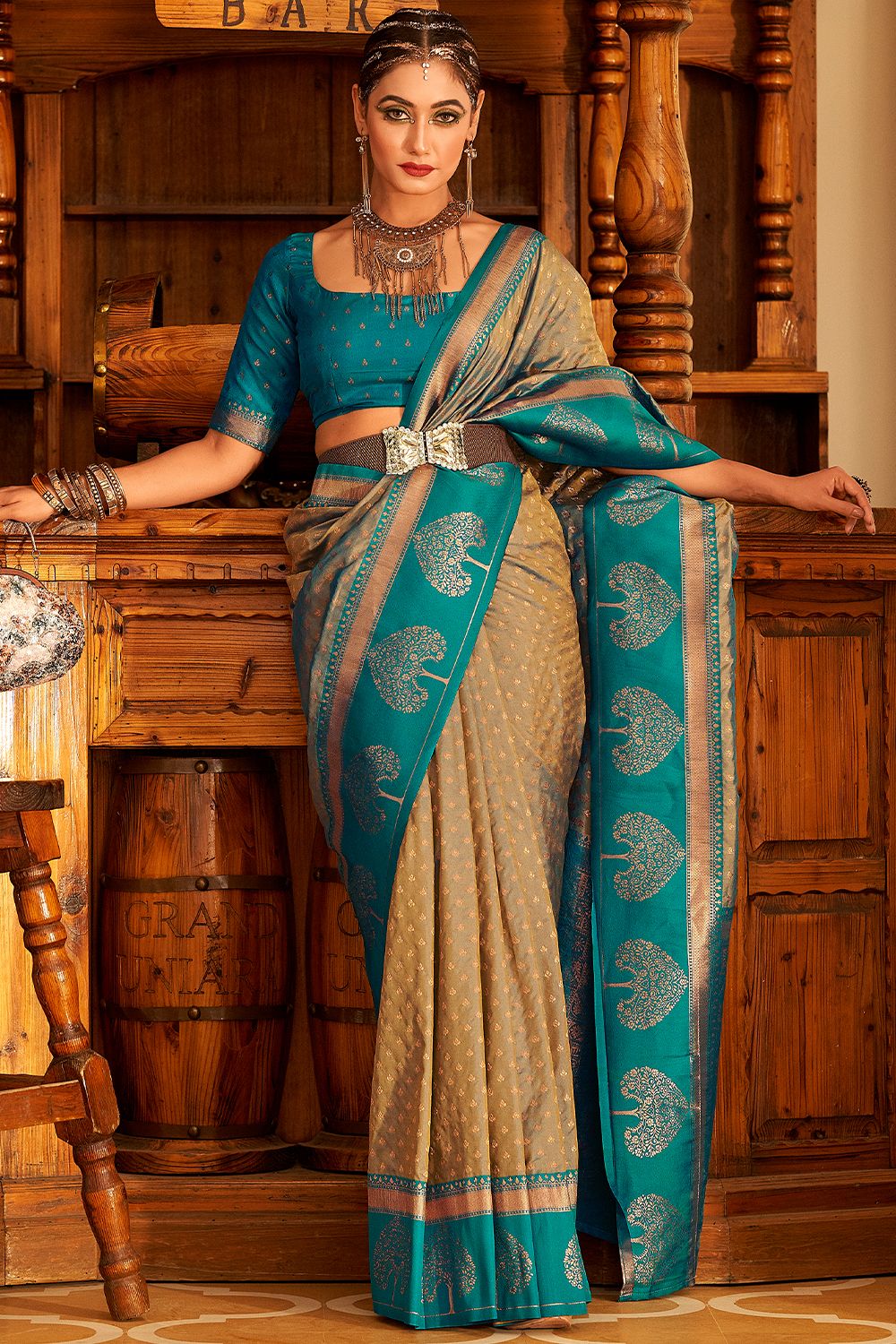 Dark Beige Banarasi Saree With Copper Weaving