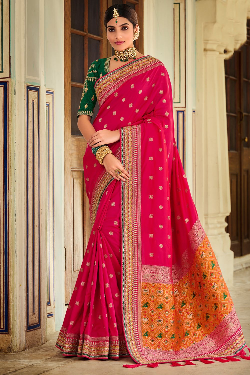 Dark Pink Silk Printed Saree with Tassels