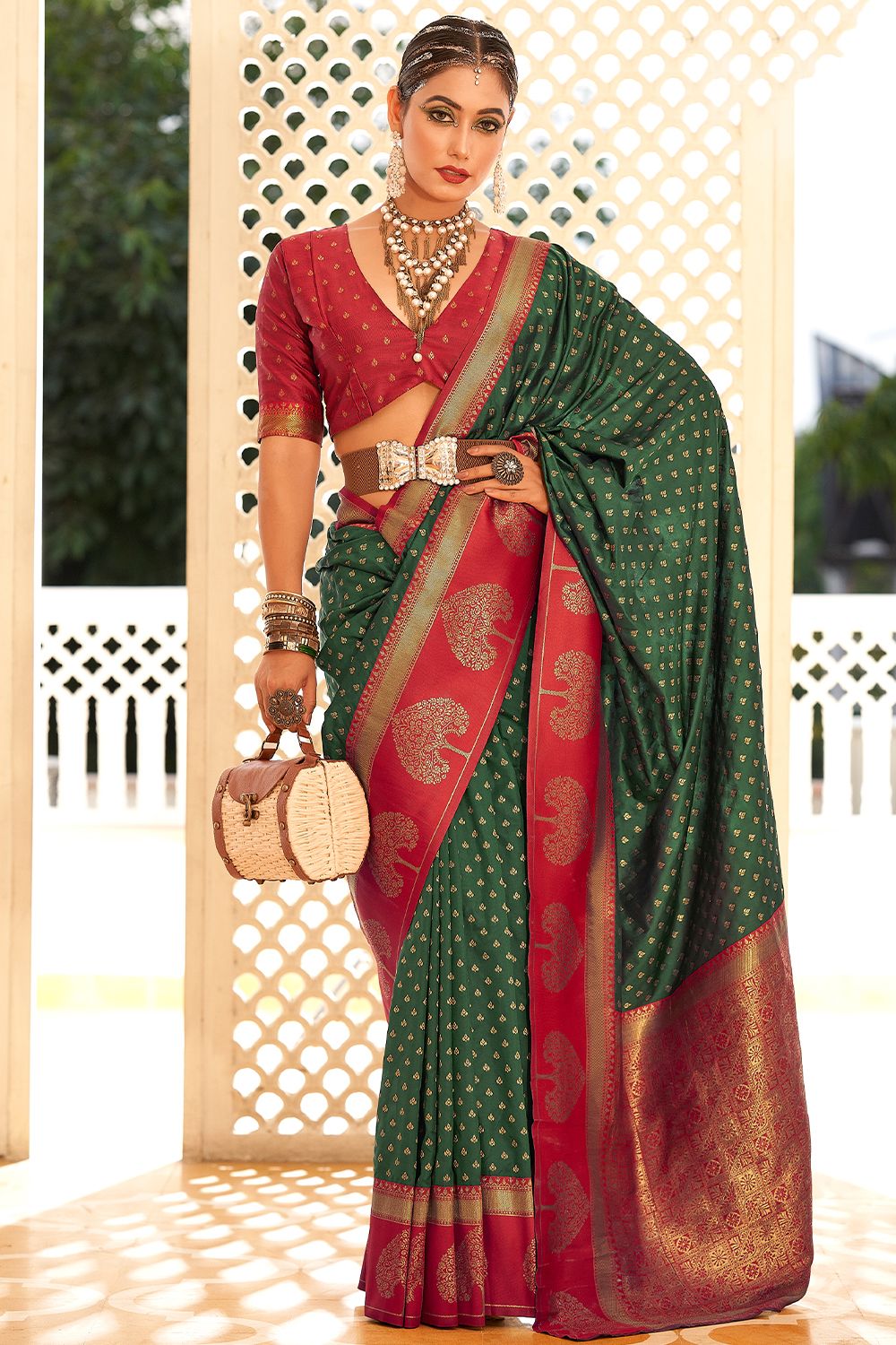 Dark Green Banarasi Saree With Copper Weaving