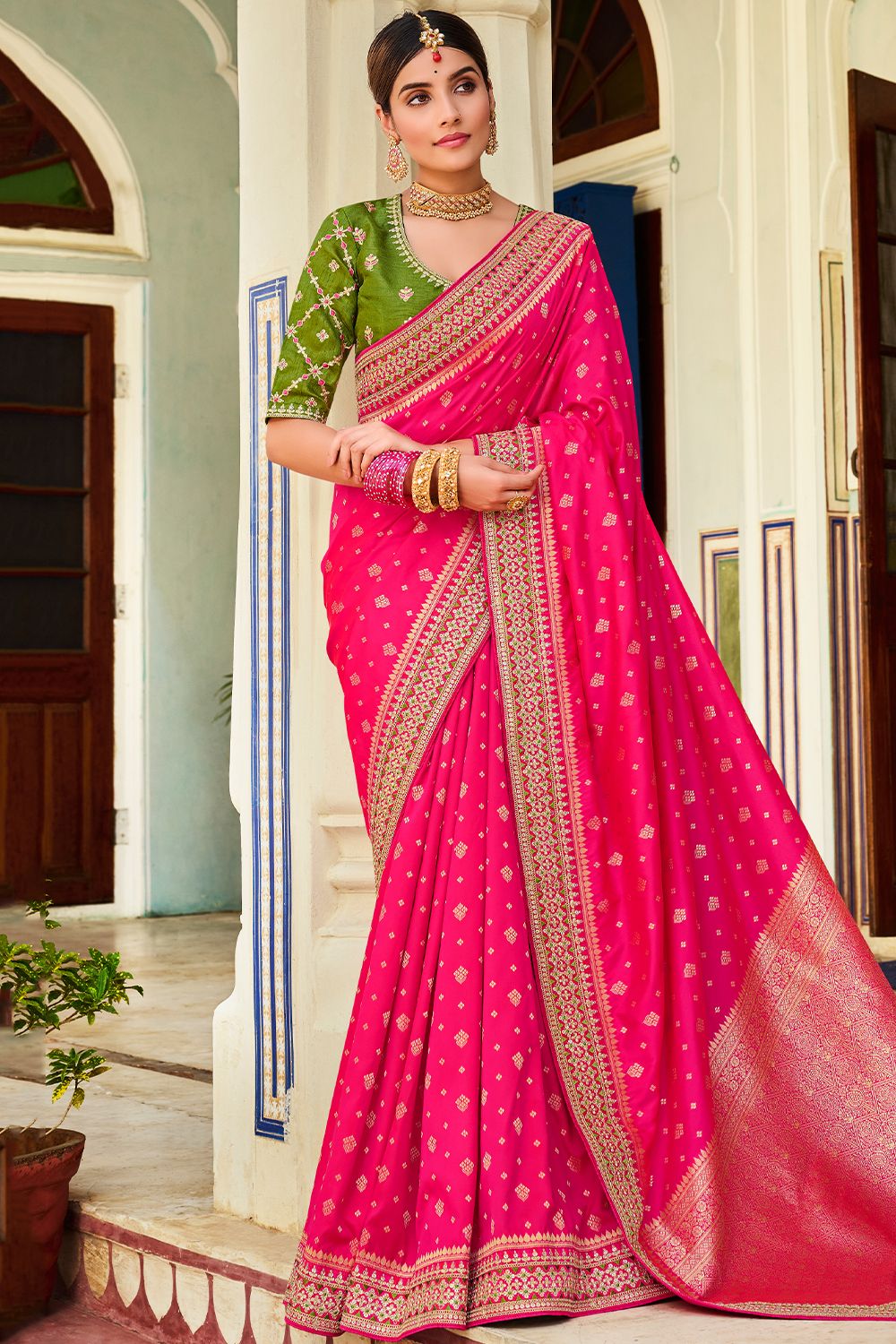 Pink Silk Printed Saree with Tassels