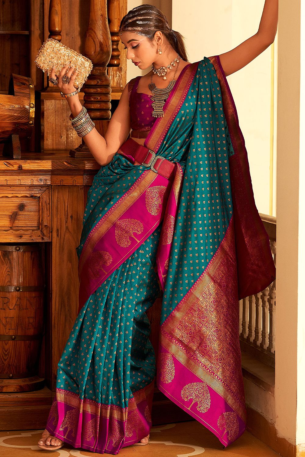 Peacock Blue Banarasi Saree With Copper Weaving
