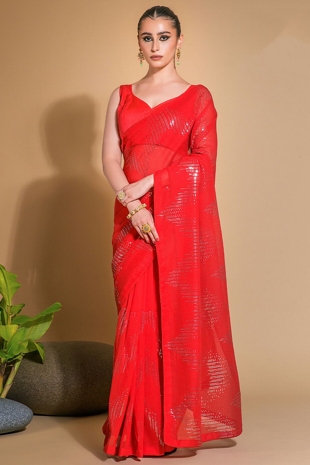 Red Georgette Saree with Sequins Work