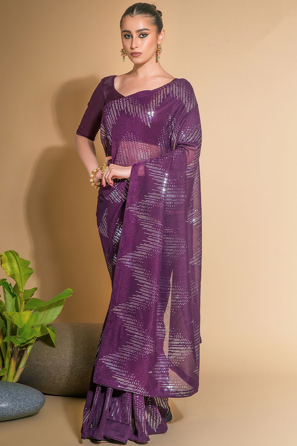 Purple Georgette Saree with Sequins Work