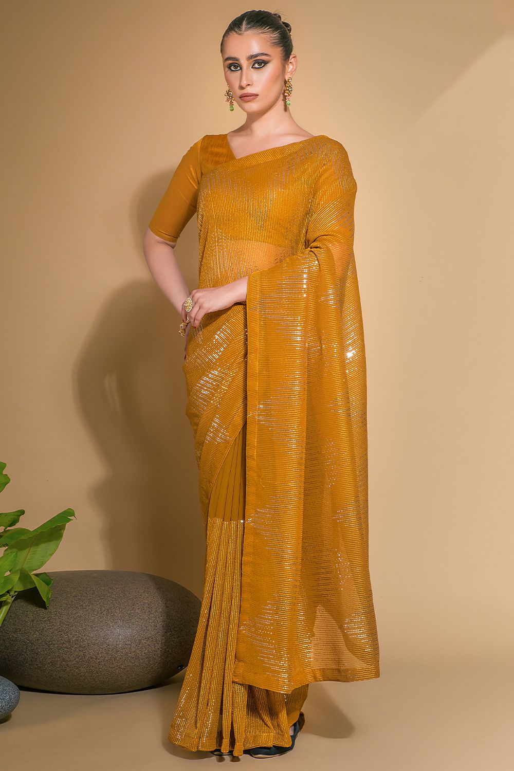 Mustard Yellow Georgette Saree with Sequins Work