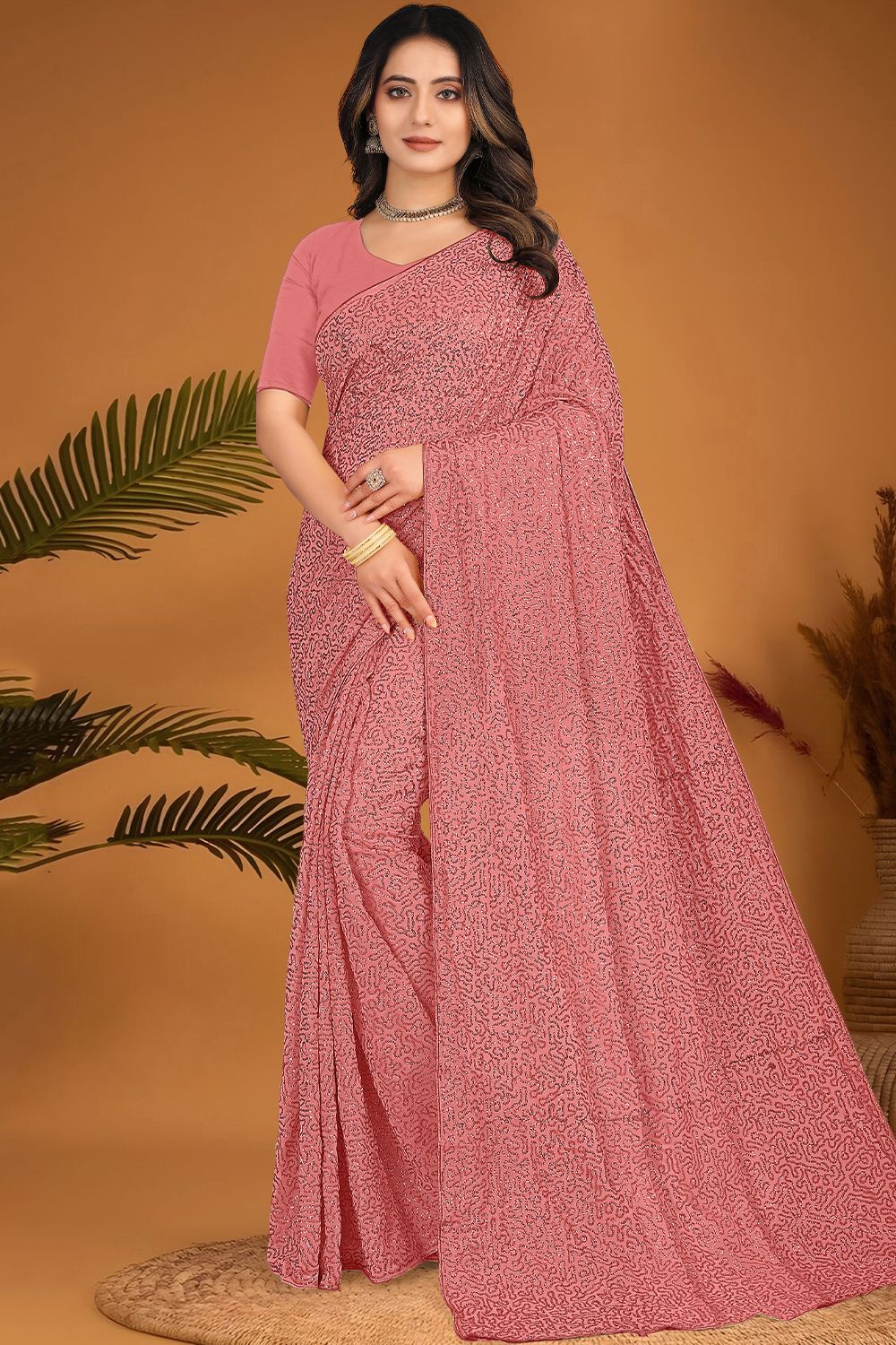 Light Pink Embroidered Georgette Partywear Saree