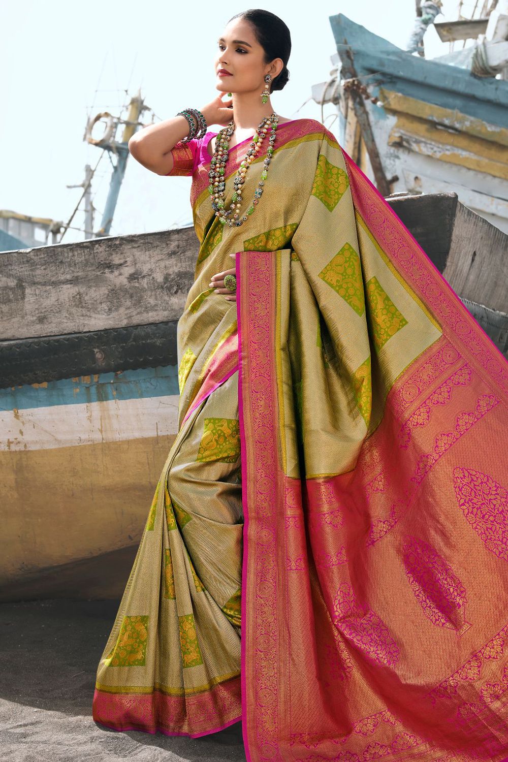Lime Green Woven Silk Saree